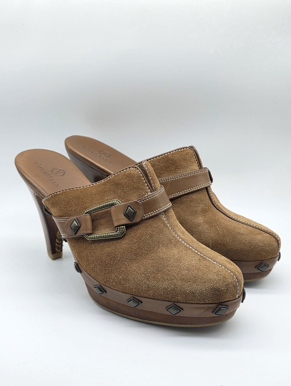 VTG Cole Haan Suede Studded Clog Mules 7.5 B 70s Westerncore Boho - Picture 11 of 16